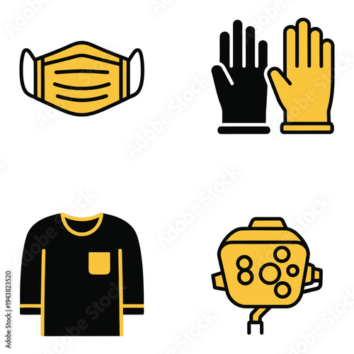 Vector art of collection of four icons representing personal protective equipment face mask, gloves, shirt, and respirator