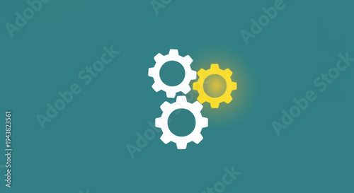 A close-up view of interlocking gears with one glowing yellow gear among white ones on a teal background