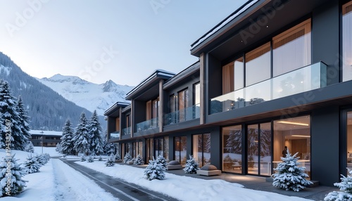 Contemporary luxury ski resort apartments in snowy mountain landscape at dawn