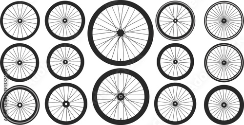 Bicycle wheel silhouettes collection, bike tire spoke rim vector set, cycling wheel illustration isolated transportation design elements