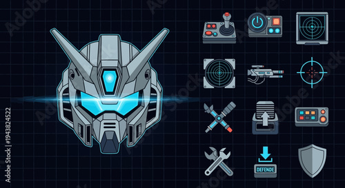 A futuristic robot head with blue glowing eyes displays various technological symbols and tools on a dark grid background.