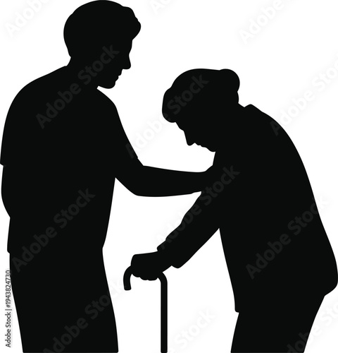 Silhouette of young man helping elderly woman with walking cane showing care, support, compassion, healthcare assistance and respect for seniors concept