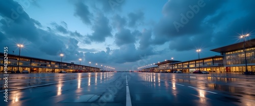 Empty airport runway at dusk with wet tarmac reflecting hangar lights under cloudy blue sky
