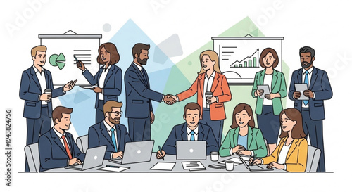 Business team shaking hands in meeting room with laptops and presentation boards