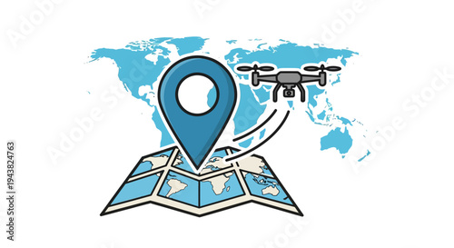 A drone flies over a map with a location pin marking a spot on the world map.
