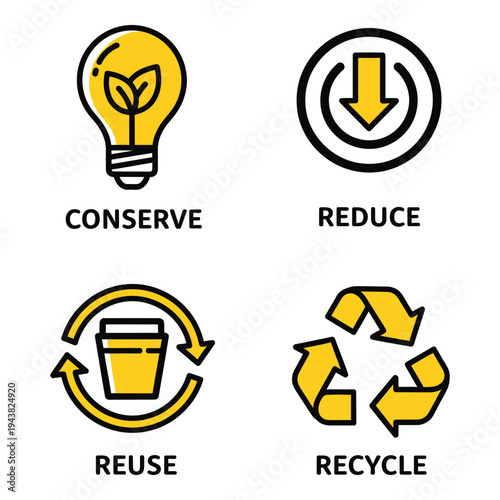 Vector art of four icons illustrating environmental conservation conserve energy, reduce waste, reuse items, and recycle materials