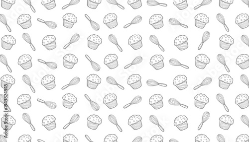 Muffin whisk baking pattern. Cupcake kitchen seamless texture. Handdrawn bakery illustration. Pastry cooking repeat background. Baking wrapping surface.