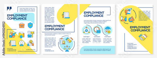 Employment compliance blue and yellow brochure layout. Human resources, workplace safety. Leaflet advertising design with color line icons. Editable 4 pages. Questrial, Lato-Regular fonts used