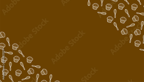 Muffin whisk baking pattern. Cupcake kitchen frame texture. Handdrawn bakery illustration. Pastry cooking repeat background. Baking wrapping surface.