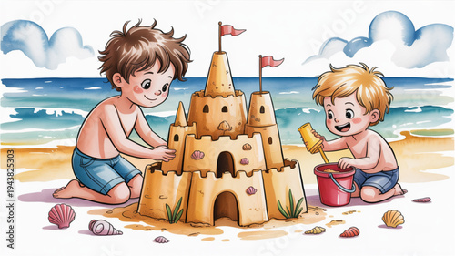 Two happy boys building a large sandcastle with flags on a sunny beach with seashells and ocean waves