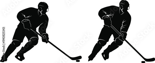 Ice hockey player silhouette set with athletes skating and playing with puck vector illustration isolated on white background for sports