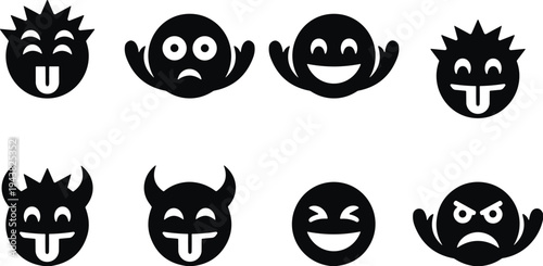 Funny emoji and monster face silhouette icon set, cartoon expression characters collection with happy, angry, silly emotions for social media stickers vector illustration