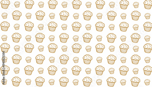 Muffin seamless pattern illustration. Hand drawn bakery texture. Cupcake outline repeat background. Minimal line baking design. Pastry wrapping surface.