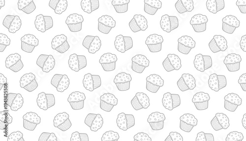 Muffin seamless pattern illustration. Hand drawn bakery texture. Cupcake outline repeat background. Minimal line baking design. Pastry wrapping surface.