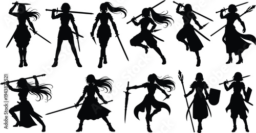 Female fantasy warrior silhouette set with anime girl characters holding swords and spears vector illustration isolated on white background for