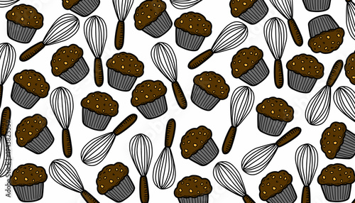Muffin whisk baking pattern. Cupcake kitchen seamless texture. Handdrawn bakery illustration. Pastry cooking repeat background. Baking wrapping surface.