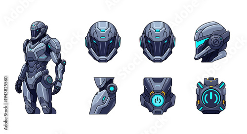 A futuristic robotic character displays various helmet and armor components on a white background.