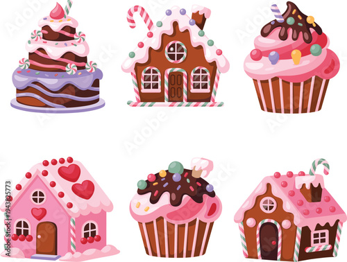 Colorful illustration of gingerbread houses cupcakes cakes with candy decorations icing details festive holiday desserts sweet bakery artwork