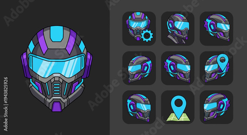 A futuristic purple and blue helmet with multiple views on a dark background showcasing technology and design