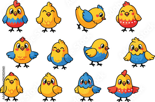 Set of cute colorful cartoon baby chicks in various poses