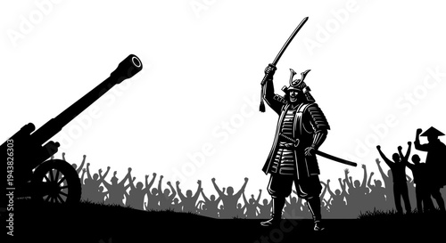 Samurai Warrior with Sword Faces Cannon, Crowd Cheers