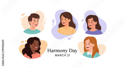 Illustration of diverse people celebrating Harmony Day on March 21 with a cultural diversity harmony concept and unity among communities.