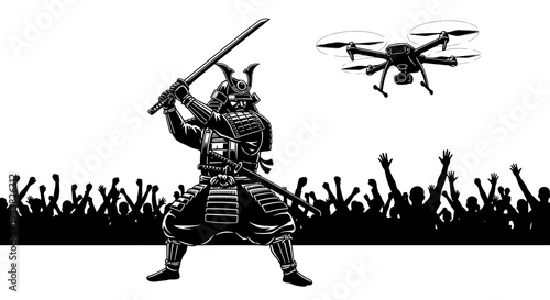 Samurai warrior with sword fights drone in front of cheering crowd, concept of tradition vs technology