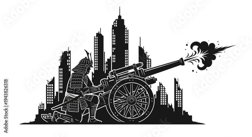 Samurai Warrior with Cannon in Futuristic City Silhouette