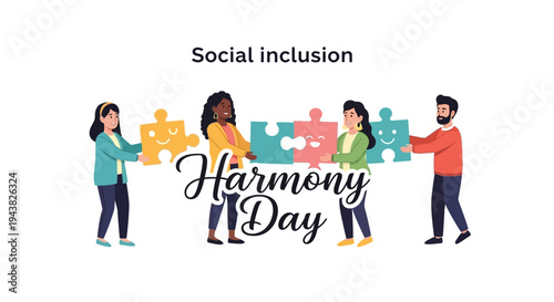 Illustration of diverse people holding puzzle pieces on Harmony Day, symbolizing unity in diversity and social harmony with a colorful and celebratory mood.
