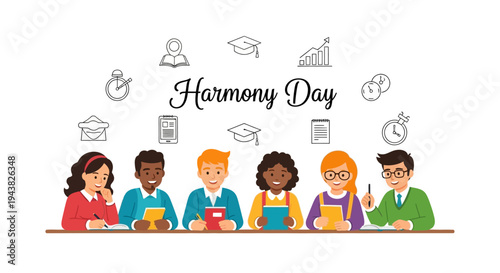 Illustration of diverse people celebrating Harmony Day with unity and peace concept in a colorful graphic design.