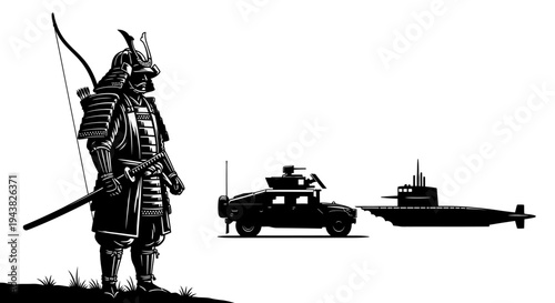 Samurai Warrior, Modern Military Vehicle, and Submarine Silhouette Collage