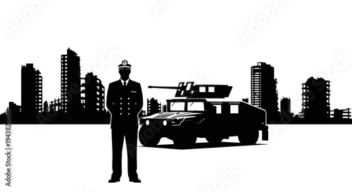 Security Guard, Armored Vehicle, and City Skyline Silhouette