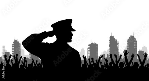 Silhouette of a saluting soldier against a backdrop of a devastated city and cheering crowd