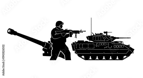Silhouette of Soldier with Machine Gun and Armored Tank