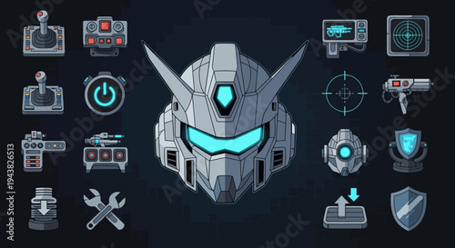 A futuristic robot head with glowing blue eyes and various technological icons surrounding it on a dark background with tools and gadgets.