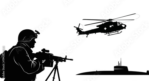 Silhouette of Soldier with Machine Gun, Helicopter, and Submarine - Military Power Concept