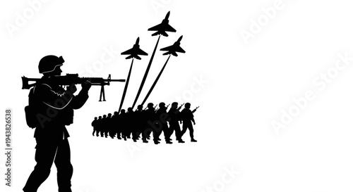 Silhouette of soldier with rifle and fighter jets flying over marching soldiers