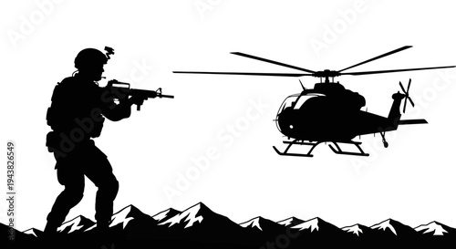 Silhouette of Soldier with Rifle and Helicopter in Mountainous Landscape