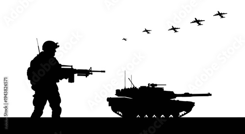 Silhouette of Soldier with Rifle and Tank, Fighter Jets Flying in Formation