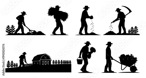 Farmers working silhouettes agriculture farming activity vector illustration EPS 10