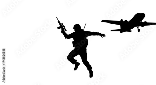 Silhouette of Soldier with Rifle Running Near Airplane