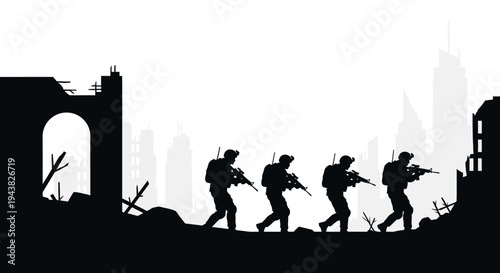 Silhouette of Soldiers Marching Through Ruined Cityscape at Dawn