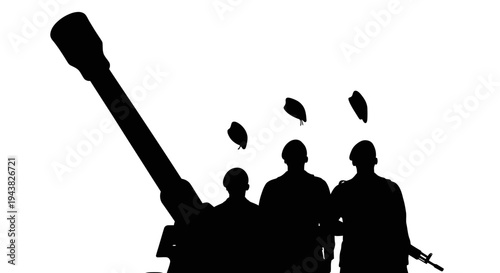 Silhouette of Soldiers Operating Artillery Gun with Explosions in Background