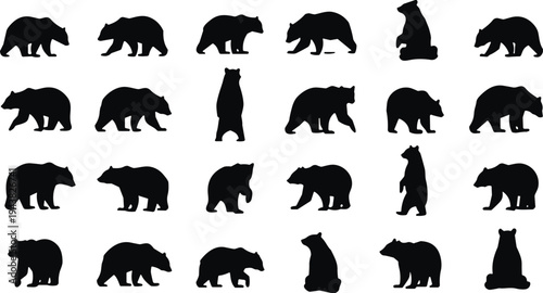Black Bear Silhouettes Set, Grizzly Bear Vector Icons, Wild Animal Shapes, Standing Walking and Sitting Bears, Wildlife Nature Graphic Elements