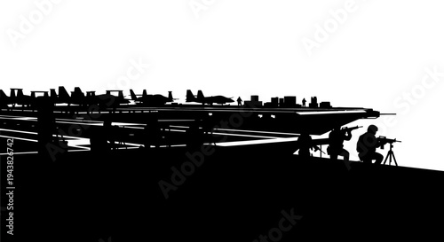 Silhouette of Soldiers with Machine Guns and Military Aircraft on City Skyline