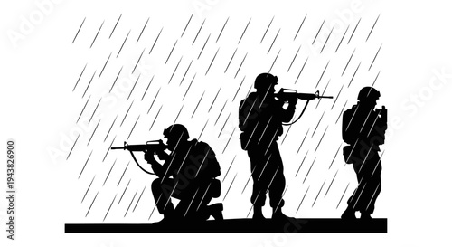 Silhouette Soldiers in Rain, Military Operation, Combat Ready