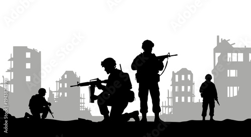 Silhouette Soldiers in Ruined Cityscape