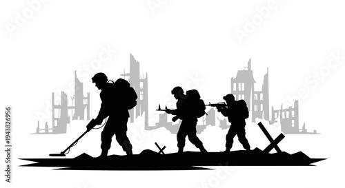 Silhouette Soldiers with Metal Detector and Rifles in Ruined Cityscape
