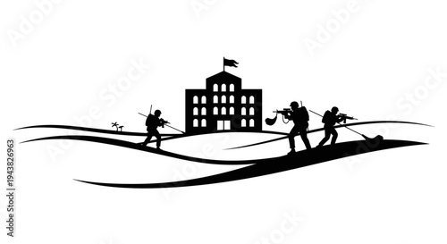 Silhouette Soldiers Marching Towards Building on Wavy Ground, Military Concept