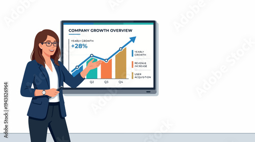 Businesswoman presenting company growth chart on screen.